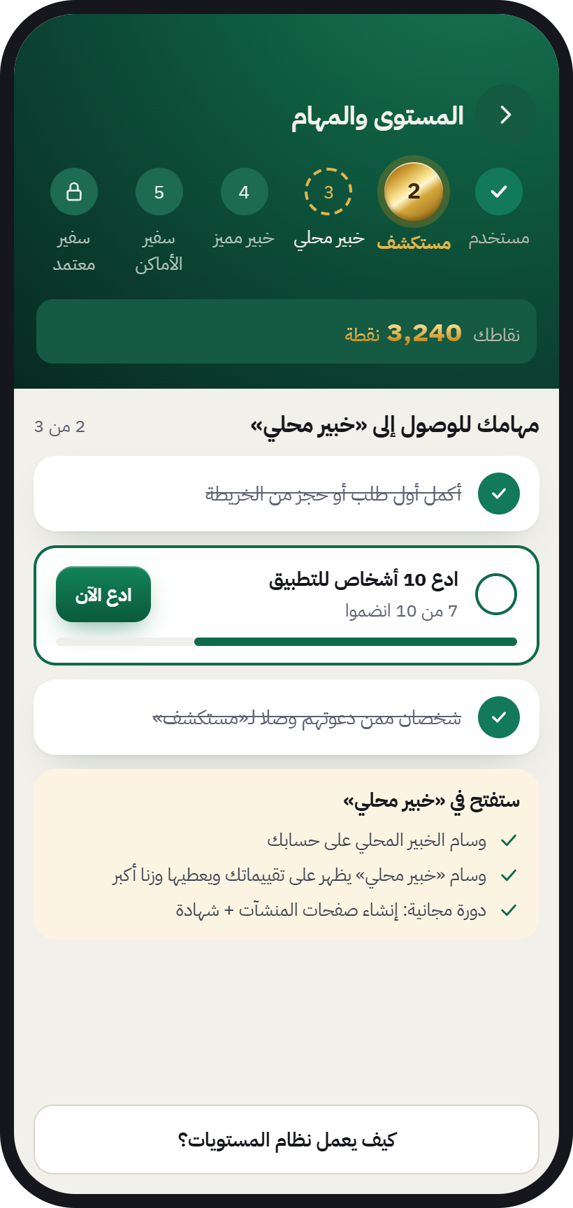 شاشة المستوى والمهام في AurMap مع سلم المستويات الست