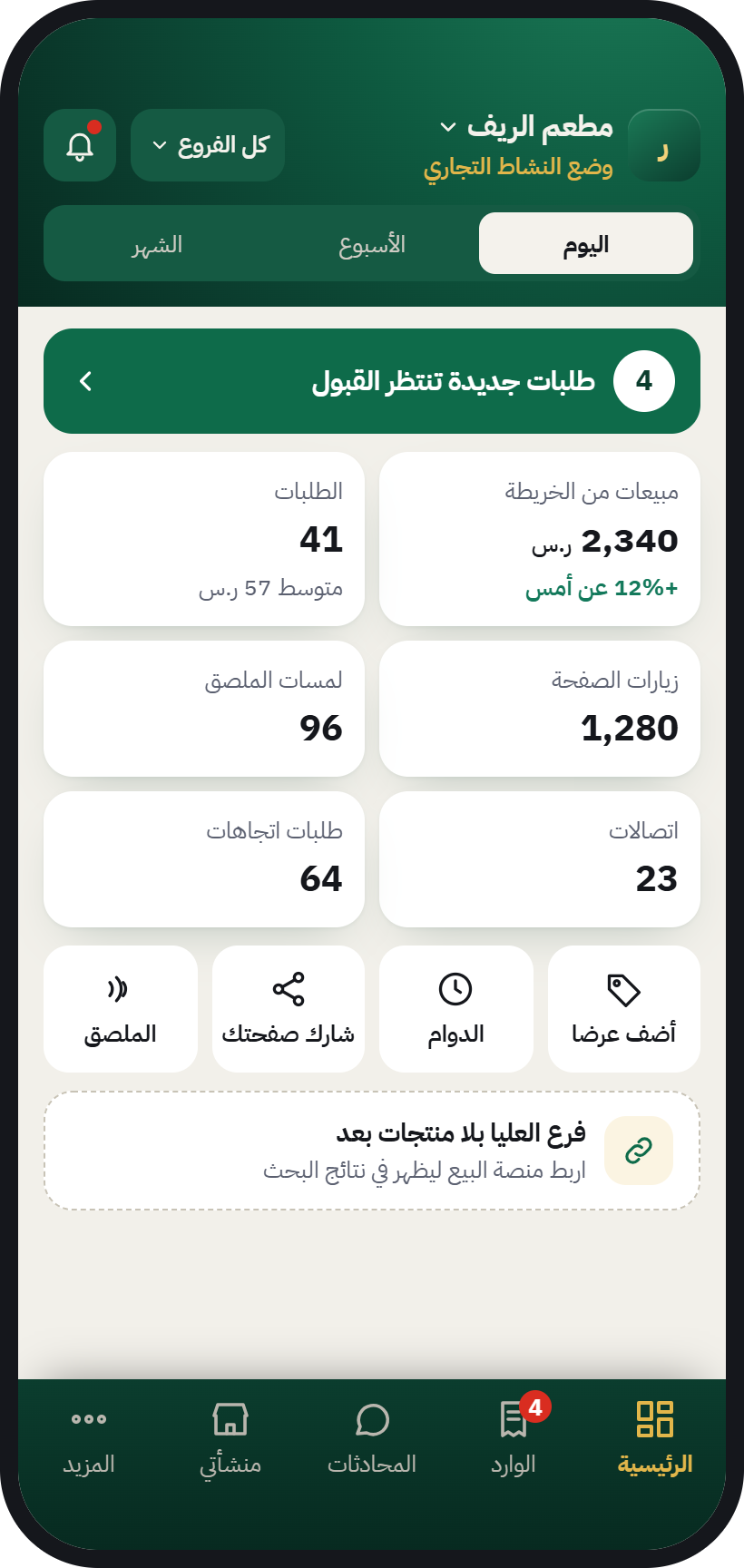 Business home: an alert for new orders waiting to be accepted