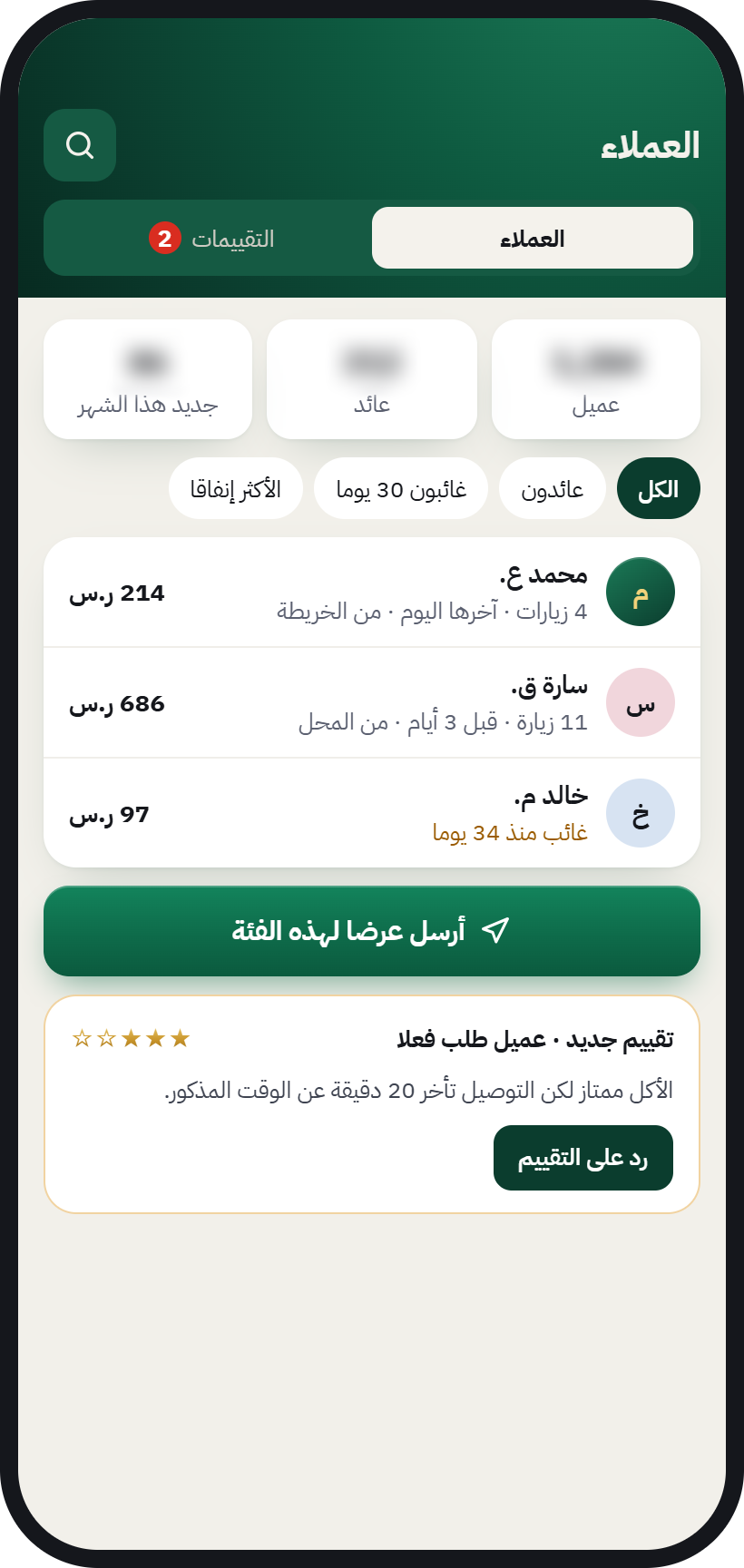 Customers screen: the customer list and their visits, and a new review from a customer who actually ordered